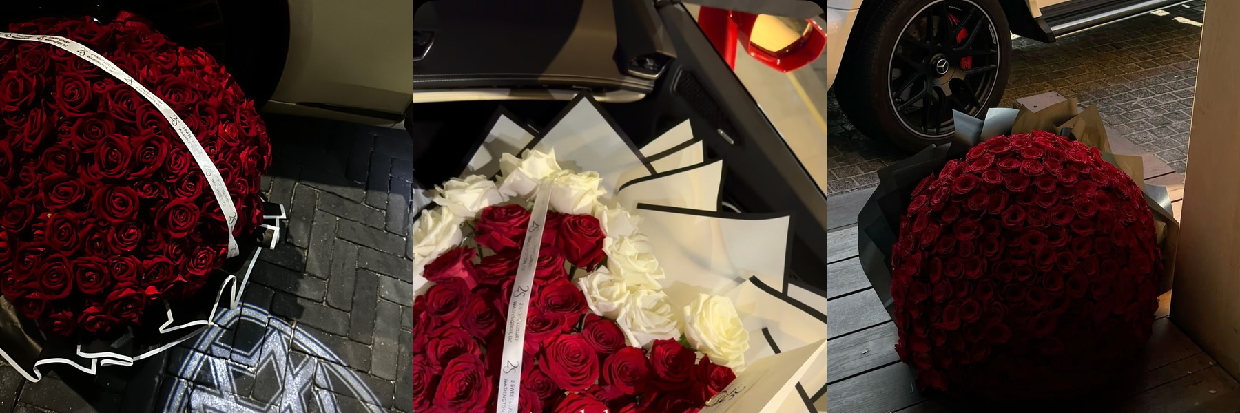 Three 2 Sweet Luxury rose arrangements: red roses tied with a 2 Sweet Luxury ribbon beside a Maybach, a red and white rose heart with a gift card, and a giant red rose dome beside a G-Wagon.